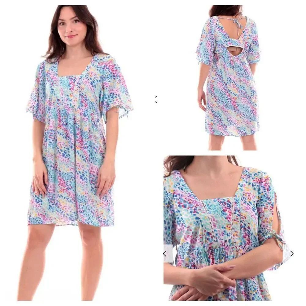 Molly Bracken Womens Multicolor Tie Back Short Wide Sleeve Mini Dress Size Small